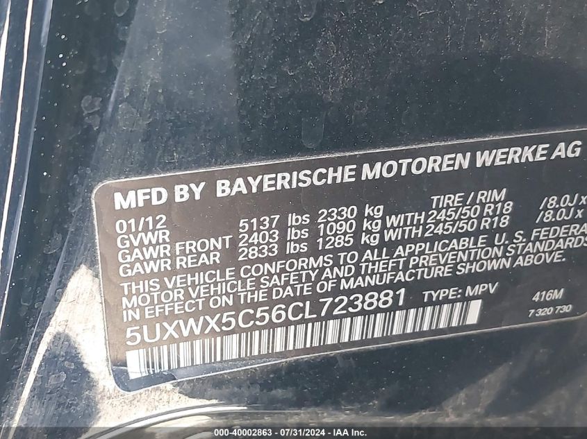 2012 BMW X3 xDrive28I VIN: 5UXWX5C56CL723881 Lot: 40002863