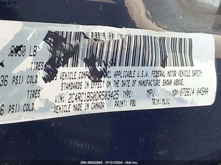 2013 Chrysler Town & Country Touring VIN: 2C4RC1BG0DR503425 Lot: 40002865