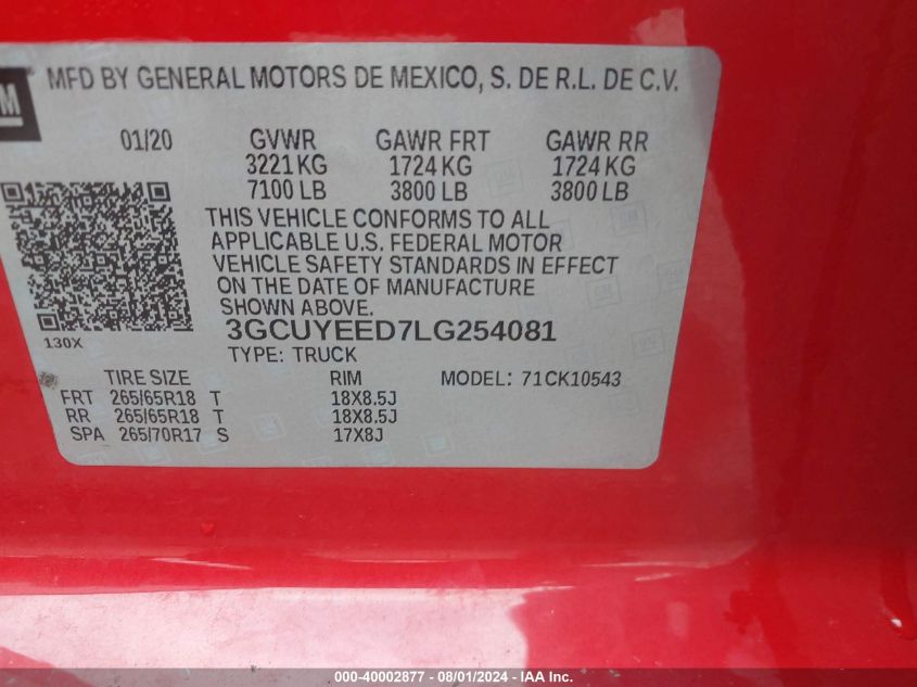 3GCUYEED7LG254081 2020 Chevrolet Silverado 1500 4Wd Short Bed Rst