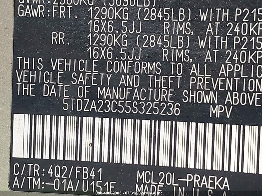 2005 Toyota Sienna Le VIN: 5TDZA23C55S325236 Lot: 40002903