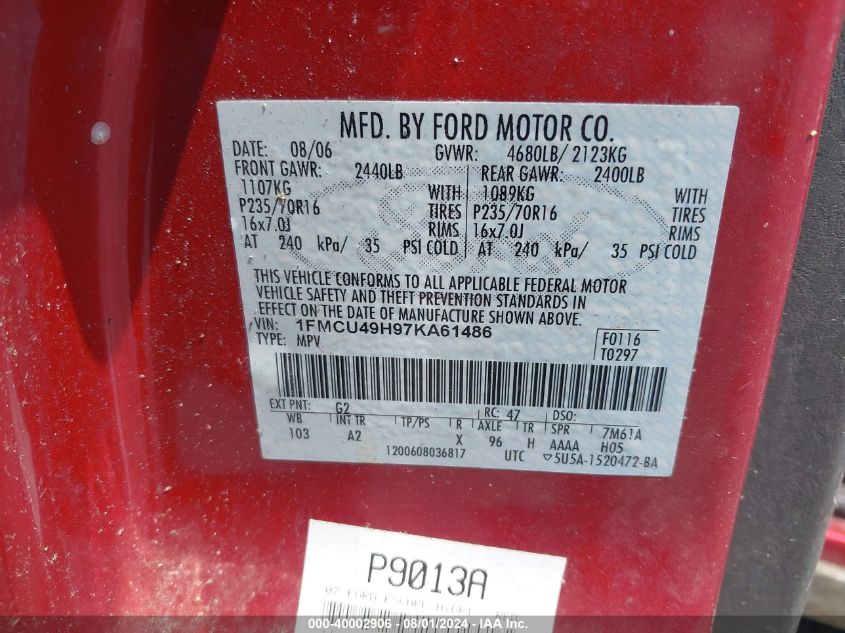 2007 Ford Escape Hybrid VIN: 1FMCU49H97KA61486 Lot: 40002906