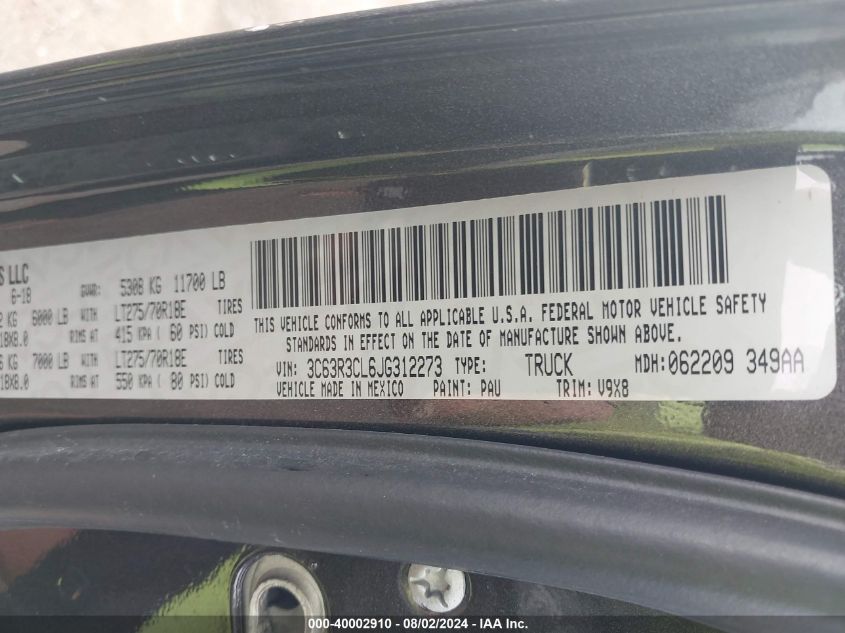 2018 Ram 3500 Tradesman 4X4 6'4 Box VIN: 3C63R3CL6JG312273 Lot: 40002910