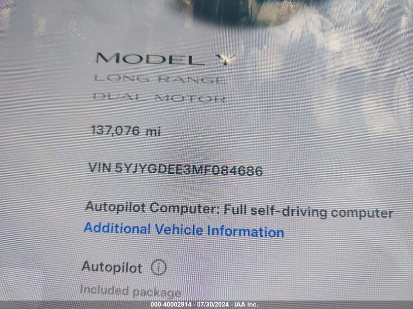 2021 Tesla Model Y Long Range Dual Motor All-Wheel Drive VIN: 5YJYGDEE3MF084686 Lot: 40002914