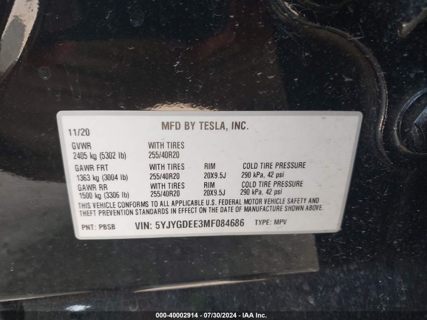 2021 Tesla Model Y Long Range Dual Motor All-Wheel Drive VIN: 5YJYGDEE3MF084686 Lot: 40002914