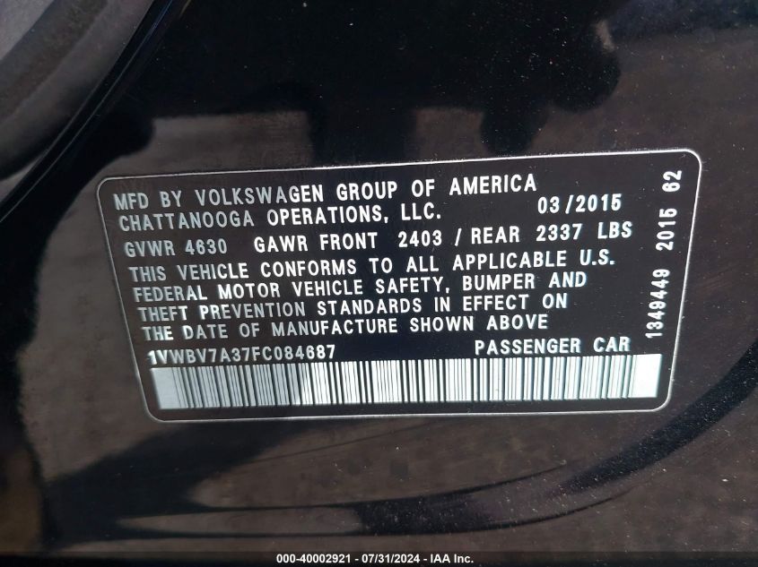 2015 Volkswagen Passat 2.0L Tdi Se VIN: 1VWBV7A37FC084687 Lot: 40002921