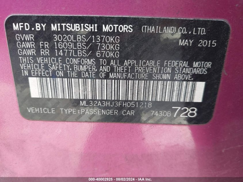 ML32A3HJ3FH051218 2015 Mitsubishi Mirage De