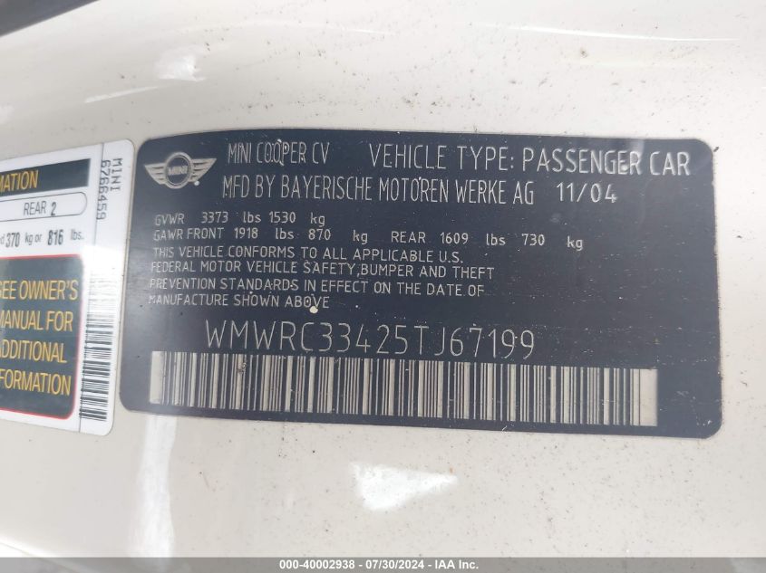 2005 Mini Cooper VIN: WMWRC33425TJ67199 Lot: 40002938