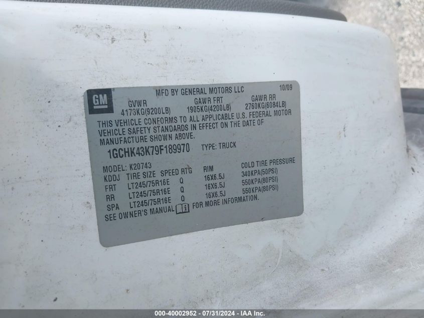 2009 Chevrolet Silverado 2500Hd Work Truck VIN: 1GCHK43K79F189970 Lot: 40002952