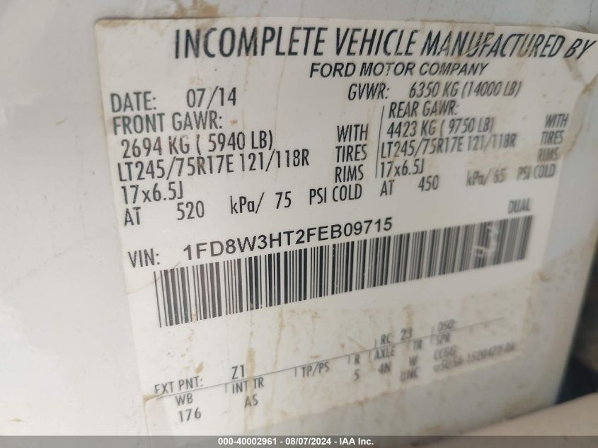 2015 Ford F-350 Chassis Xl VIN: 1FD8W3HT2FEB09715 Lot: 40002961