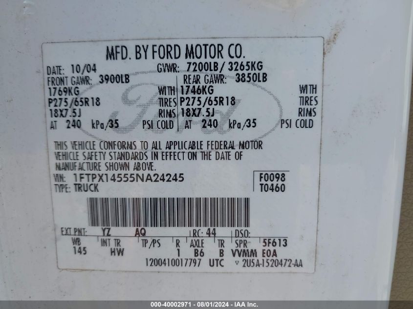 2005 Ford F-150 Fx4/Lariat/Xl/Xlt VIN: 1FTPX14555NA24245 Lot: 40002971