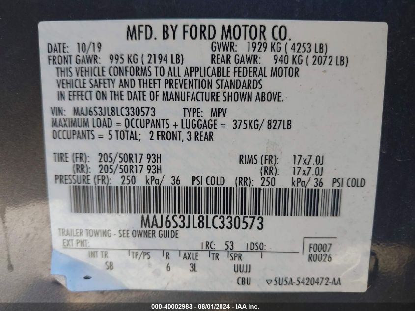 MAJ6S3JL8LC330573 2020 Ford Ecosport Ses