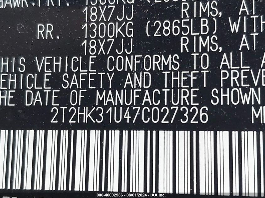 2007 Lexus Rx 350 VIN: 2T2HK31U47C027326 Lot: 40002986