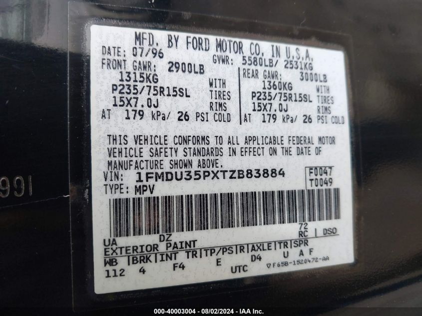 1996 Ford Explorer VIN: 1FMDU35PXTZB83884 Lot: 40003004