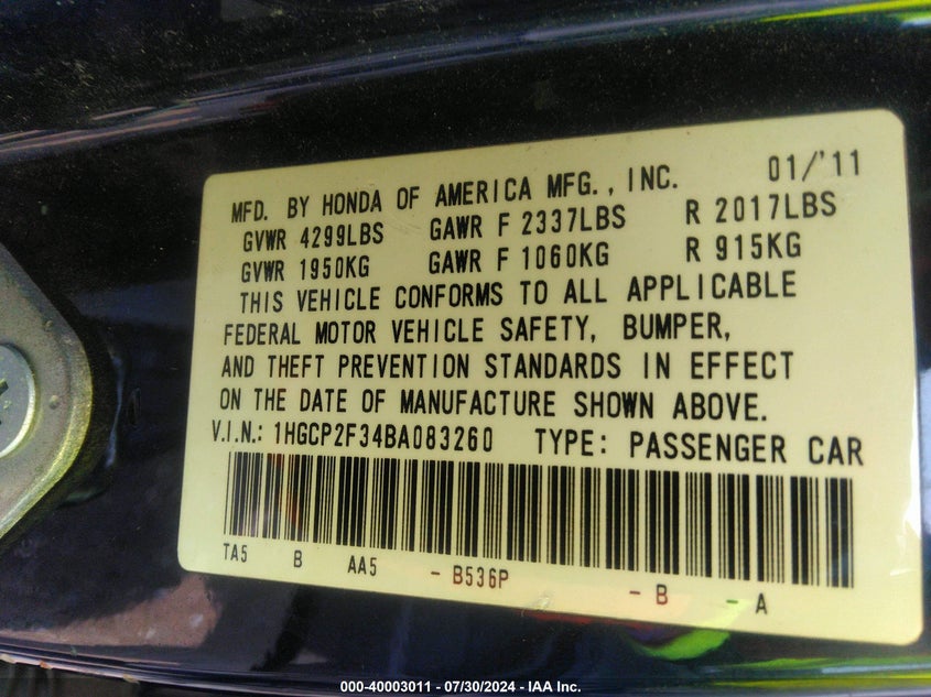 2011 Honda Accord 2.4 Lx VIN: 1HGCP2F34BA083260 Lot: 40003011