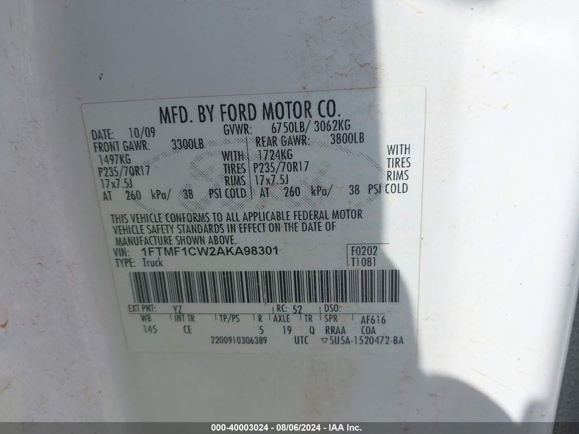 2010 Ford F150 VIN: 1FTMF1CW2AKA98301 Lot: 40003024