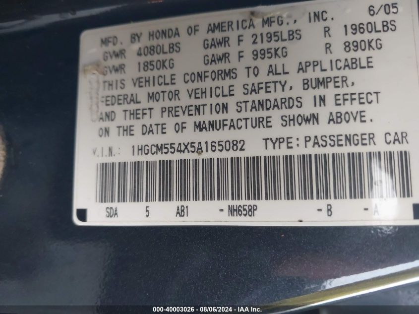 2005 Honda Accord Lx VIN: 1HGCM554X5A165082 Lot: 40003026