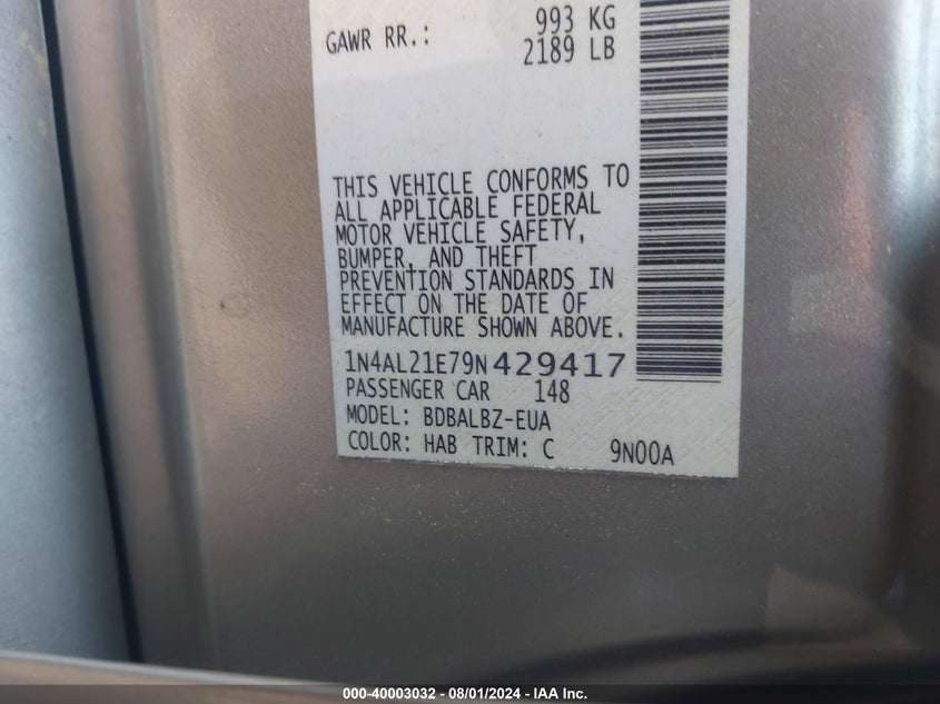 2009 Nissan Altima 2.5/2.5S VIN: 1N4AL21E79N429417 Lot: 40003032