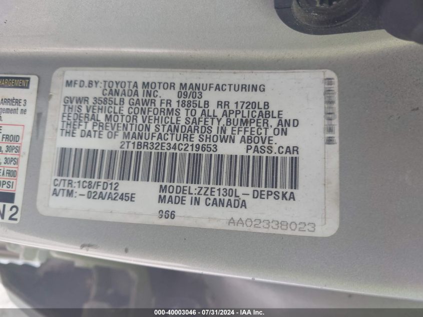 2004 Toyota Corolla S VIN: 2T1BR32E34C219653 Lot: 40003046