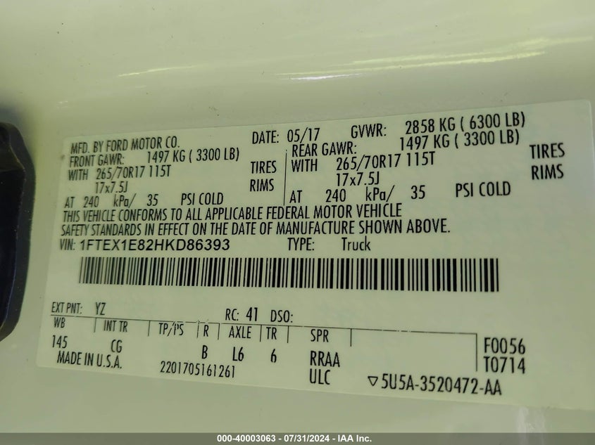 VIN 1FTEX1E82HKD86393 2017 FORD F-150 XL