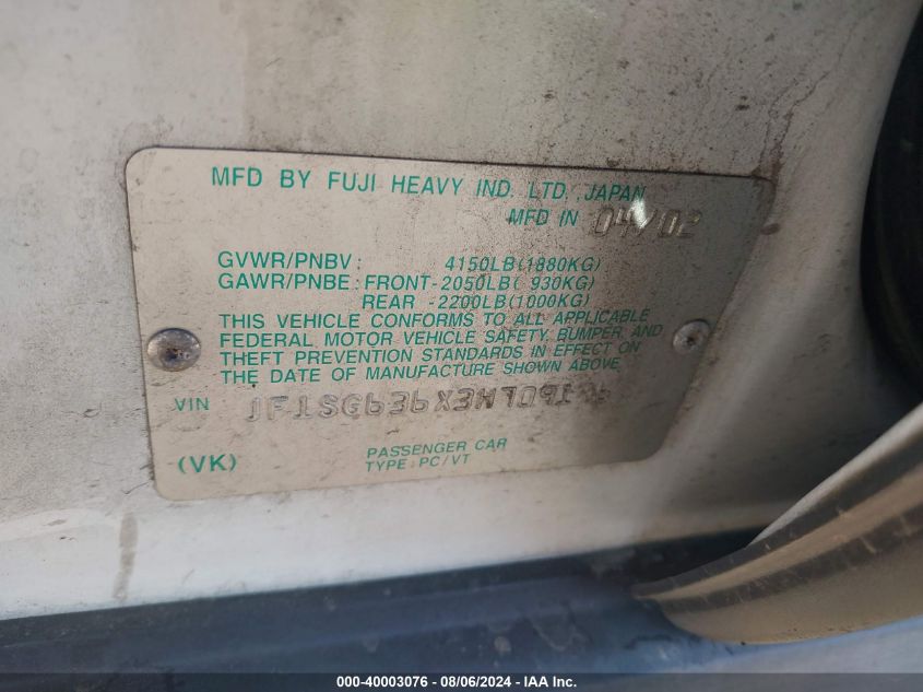 2003 Subaru Forester X VIN: JF1SG636X3H709196 Lot: 40003076