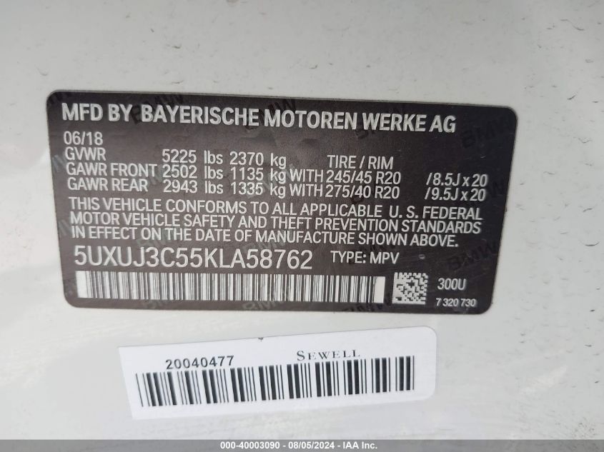 5UXUJ3C55KLA58762 2019 BMW X4 xDrive30I