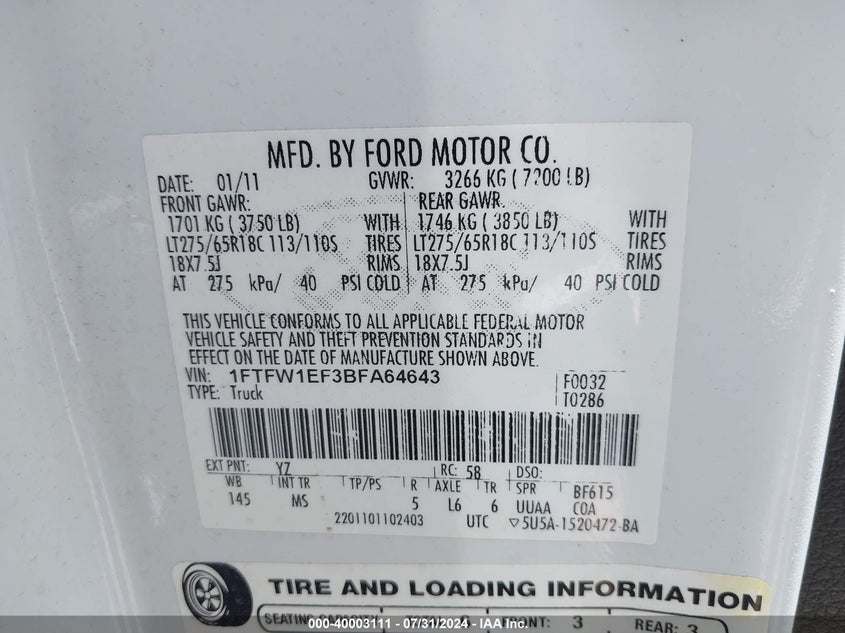 2011 Ford F150 Supercrew VIN: 1FTFW1EF3BFA64643 Lot: 40003111