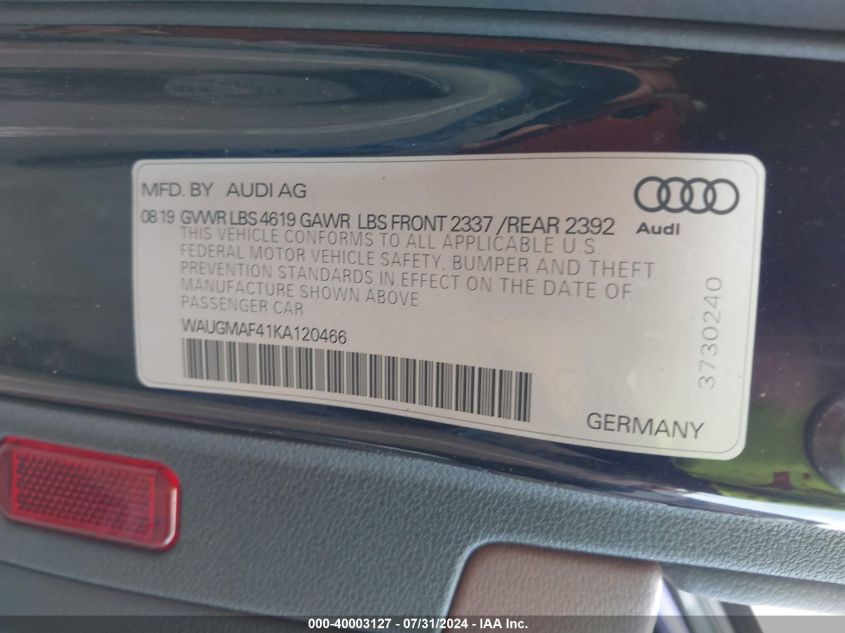 WAUGMAF41KA120466 2019 Audi A4 40 Titanium Premium