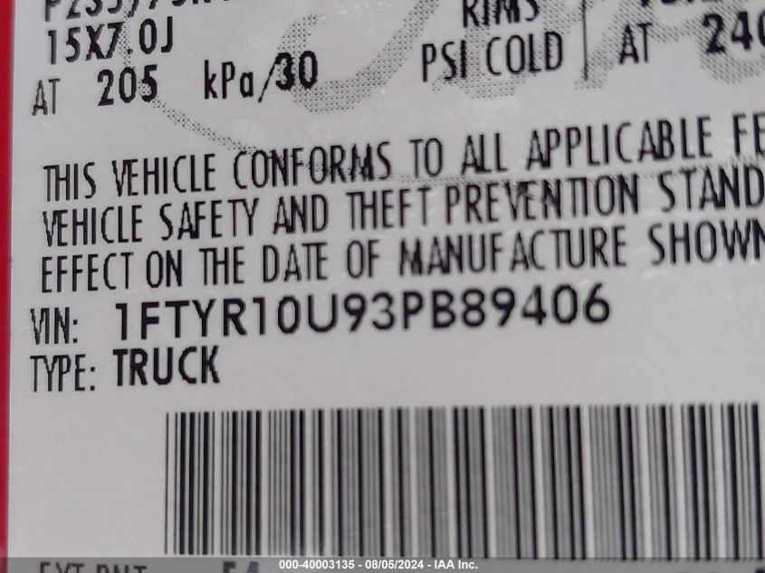 2003 Ford Ranger Edge/Xl/Xlt VIN: 1FTYR10U93PB89406 Lot: 40003135