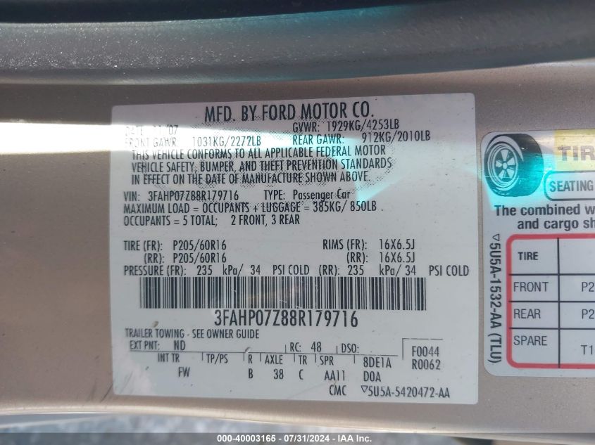 2008 Ford Fusion Se VIN: 3FAHP07Z88R179716 Lot: 40003165