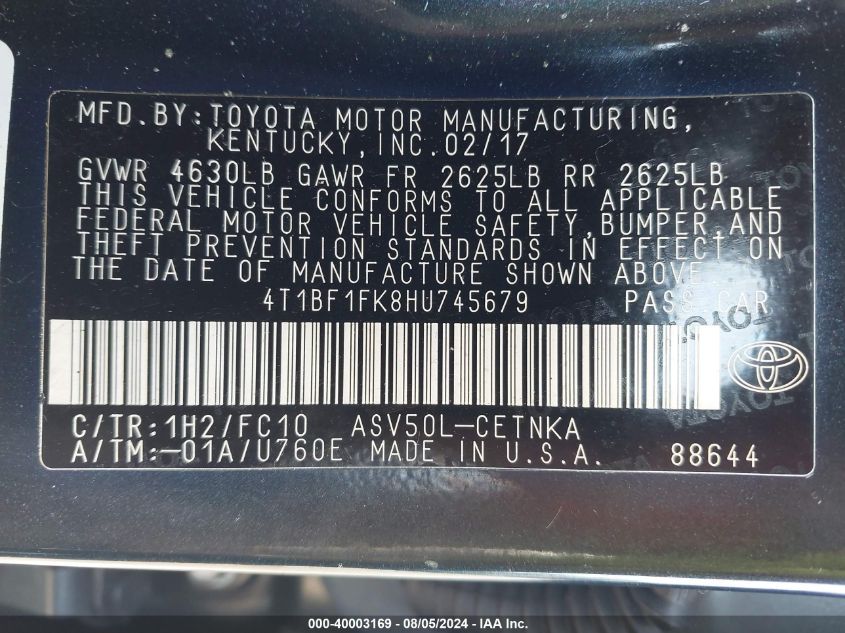 4T1BF1FK8HU745679 2017 Toyota Camry Le