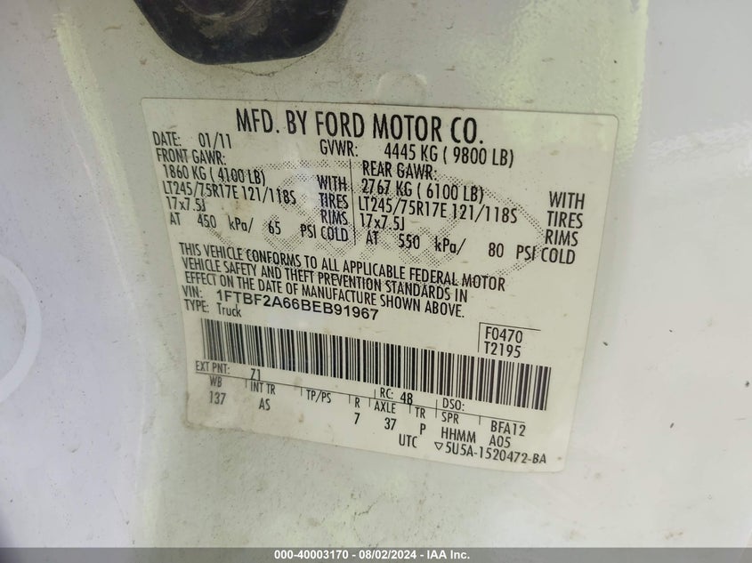2011 Ford F-250 Xl VIN: 1FTBF2A66BEB91967 Lot: 40003170