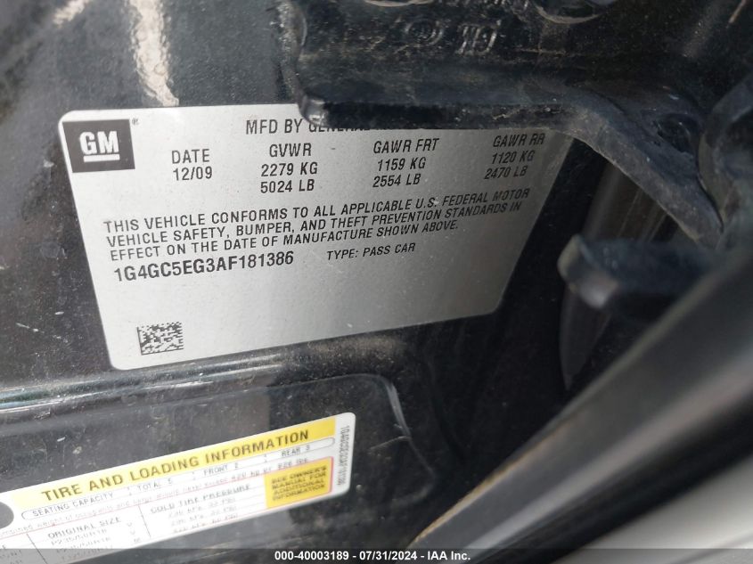2010 Buick Lacrosse Cxl VIN: 1G4GC5EG3AF181386 Lot: 40003189