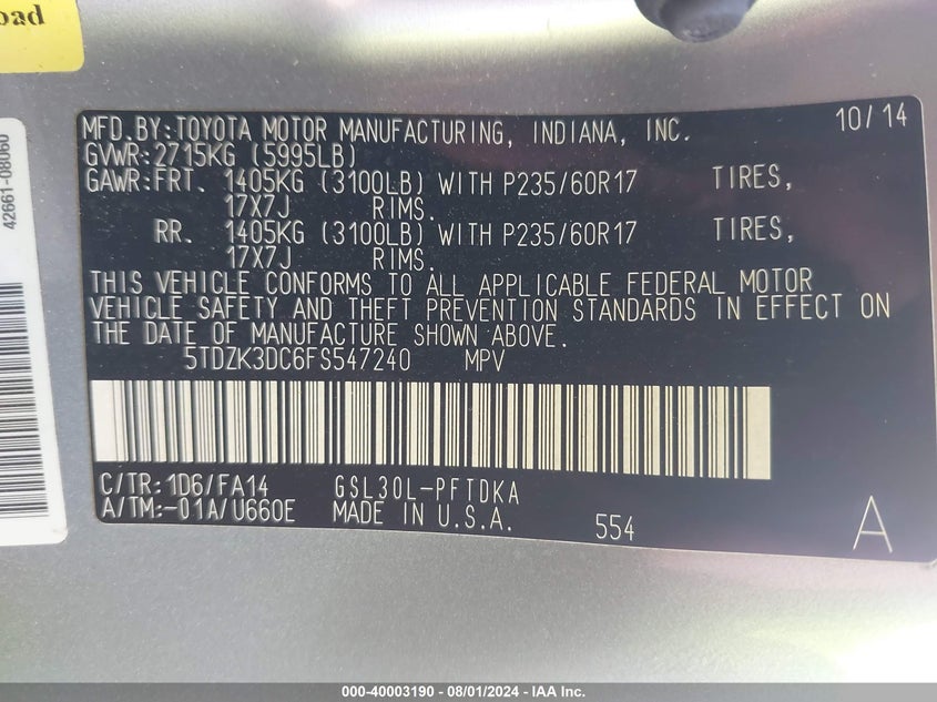 2015 Toyota Sienna VIN: 5TDZK3DC6FS547240 Lot: 40003190