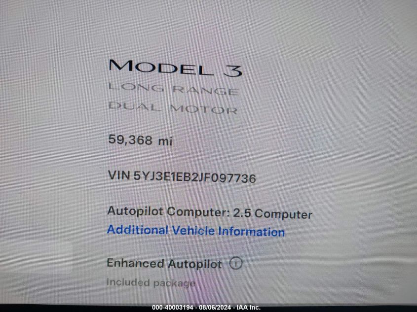 2018 Tesla Model 3 Long Range/Performance VIN: 5YJ3E1EB2JF097736 Lot: 40003194