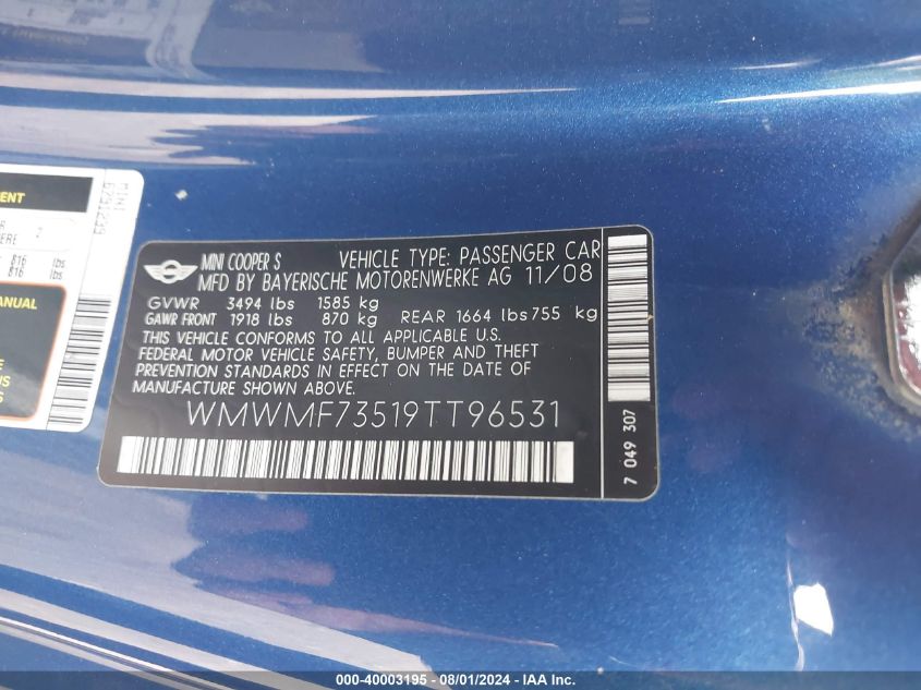 2009 Mini Cooper S VIN: WMWMF73519TT96531 Lot: 40003195