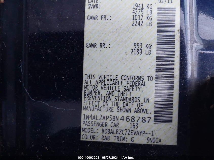 2011 Nissan Altima S VIN: 1N4AL2AP5BN468787 Lot: 40003208