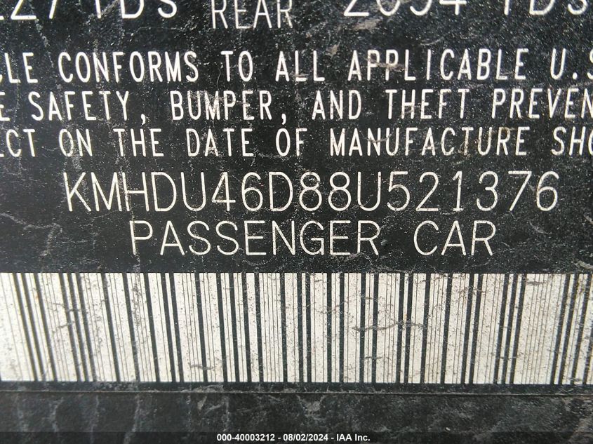 2008 Hyundai Elantra Gls/Se VIN: KMHDU46D88U521376 Lot: 40003212