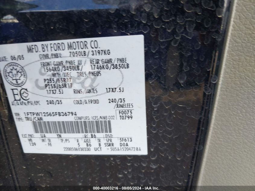 2005 Ford F-150 Lariat/Xlt VIN: 1FTPW12565FB36794 Lot: 40003216