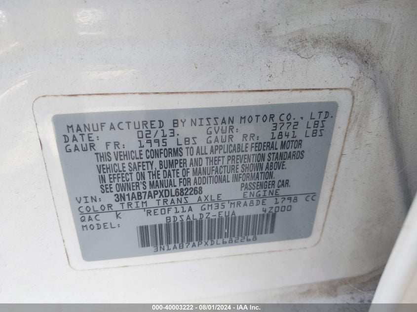 2013 Nissan Sentra Sv VIN: 3N1AB7APXDL682268 Lot: 40003222