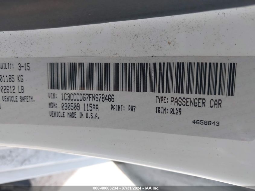 2015 Chrysler 200 S VIN: 1C3CCCDG7FN678466 Lot: 40003234