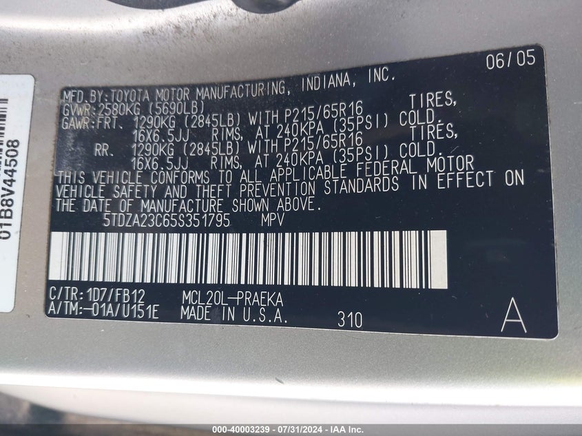 2005 Toyota Sienna Le VIN: 5TDZA23C65S351795 Lot: 40003239