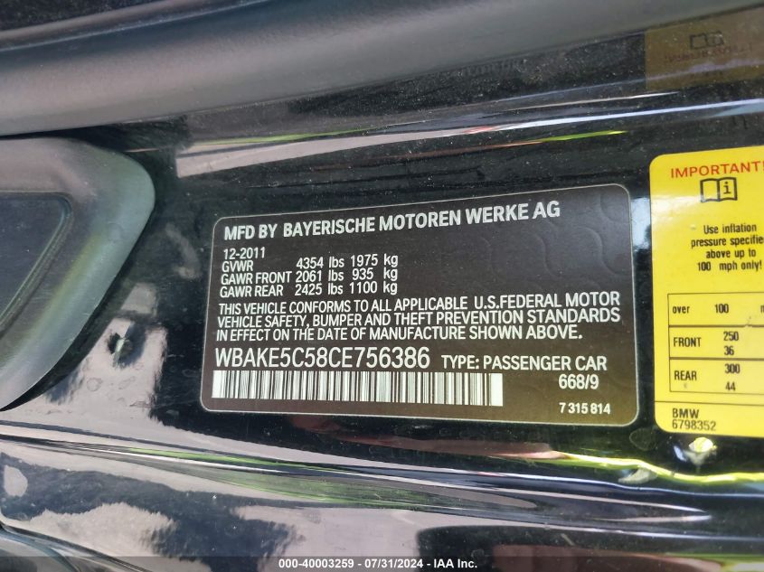 2012 BMW 328I VIN: WBAKE5C58CE756386 Lot: 40003259