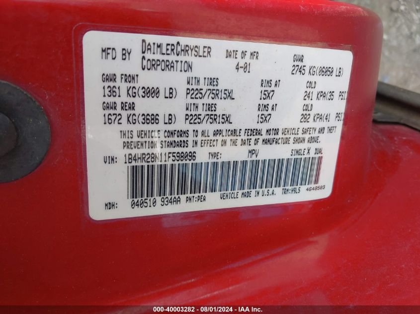 2001 Dodge Durango VIN: 1B4HR28N11F598096 Lot: 40003282