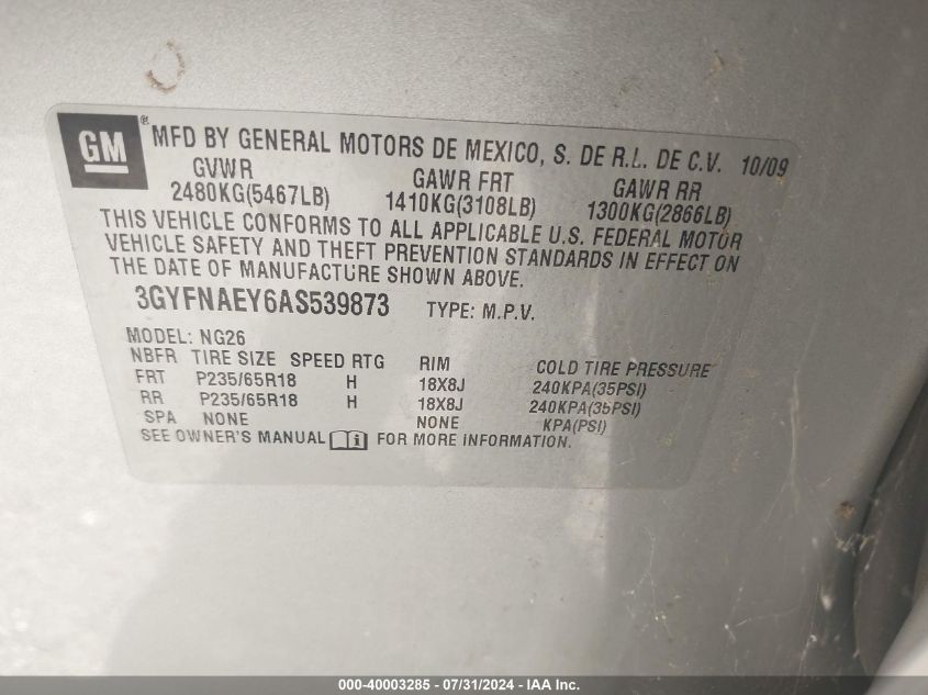 2010 Cadillac Srx Luxury Collection VIN: 3GYFNAEY6AS539873 Lot: 40003285