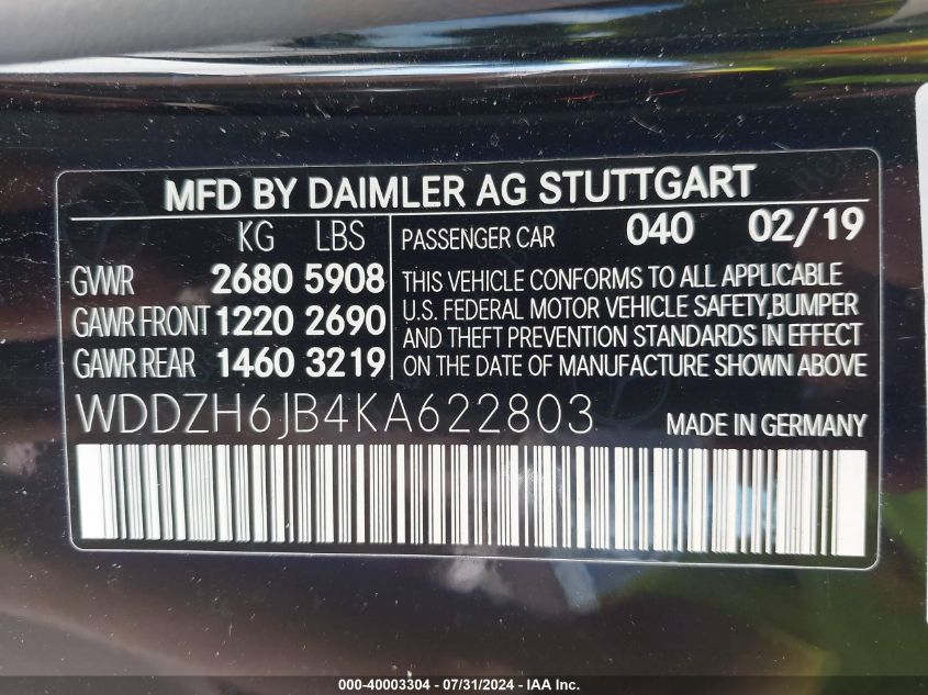 WDDZH6JB4KA622803 2019 Mercedes-Benz E 450 4Matic