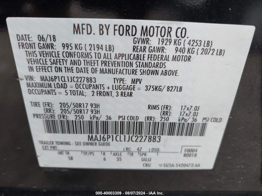 MAJ6P1CL1JC227883 2018 Ford Ecosport Ses