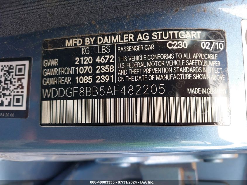 2010 Mercedes-Benz C 300 Luxury 4Matic/Sport 4Matic VIN: WDDGF8BB5AF482205 Lot: 40003335