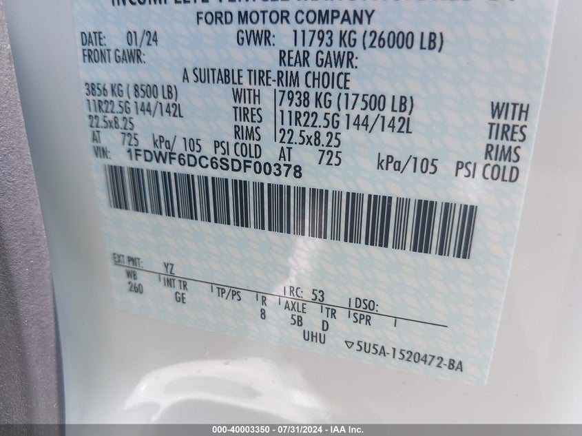 2025 FORD F-650 DIESEL(VIN: 1FDWF6DC6SDF00378