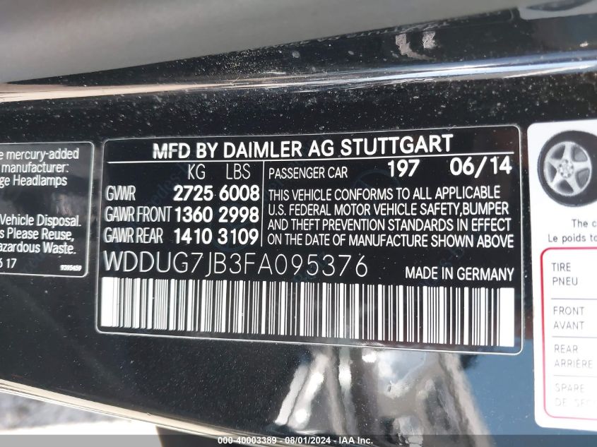 2015 Mercedes-Benz S 63 Amg 4Matic VIN: WDDUG7JB3FA095376 Lot: 40003389