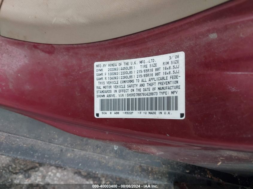 2006 Honda Cr-V Ex VIN: SHSRD78876U428973 Lot: 40003400